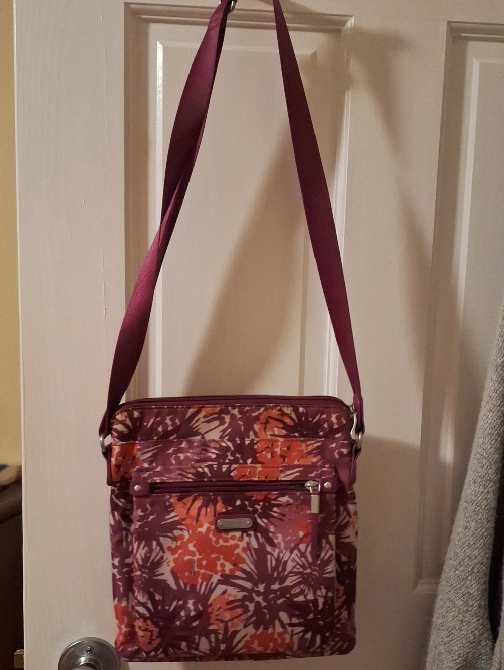 Baggallini Purple Floral Print Crossbody with Orange Accents